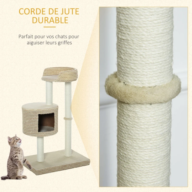 PawHut Arbre à chats style cosy chic griffoirs jute naturelle niche plateforme peluche courte bicolore beige café