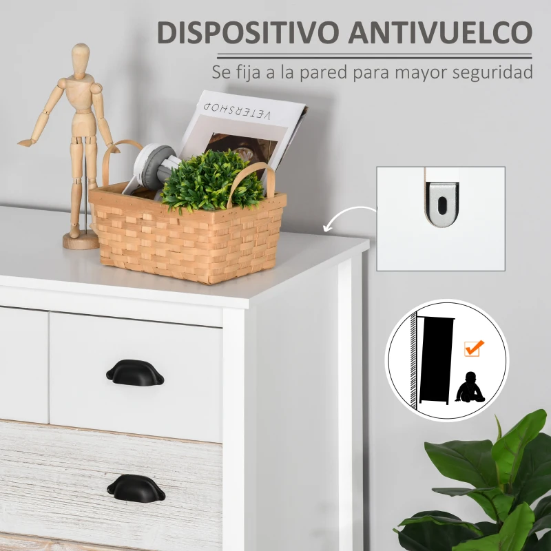 HOMCOM Cómoda con 5 Cajones Cómoda para Dormitorio Moderno con Diseño Anti-vuelco 70x38x85 cm Blanco
