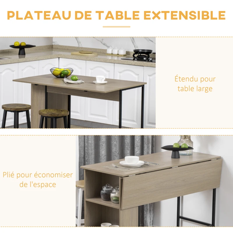 HOMCOM Ilot centra table de bar plateau latéral  rabattable et 3 étagères 120 x 76 x 91,4 cm gris clair