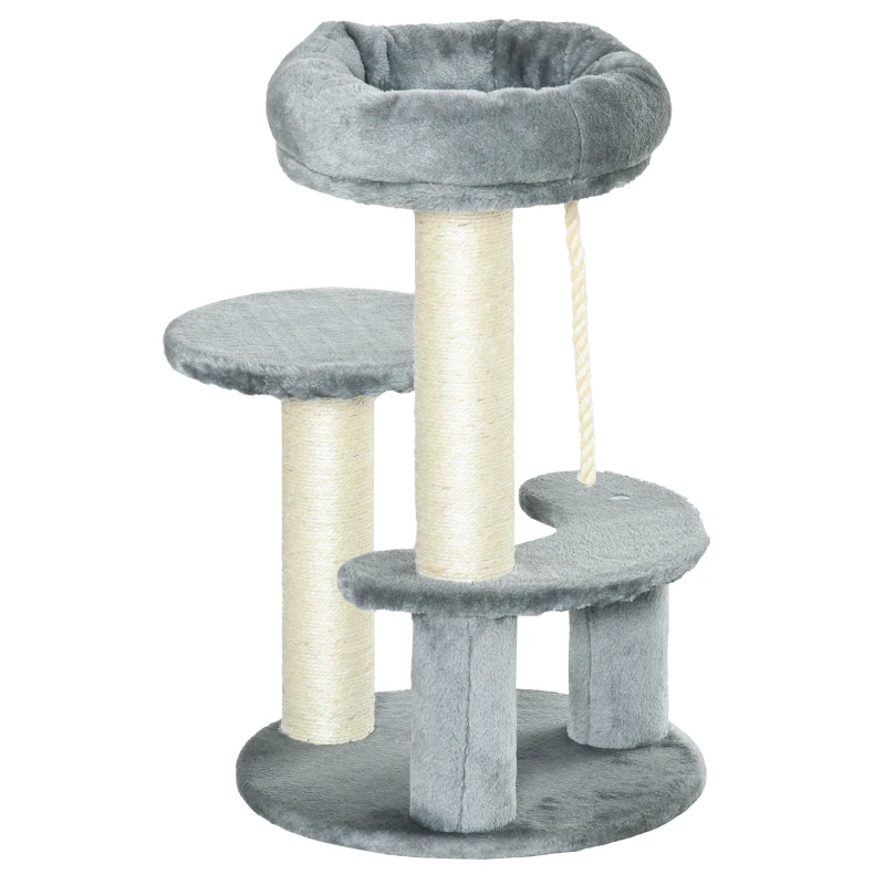 PawHut 65cm Cat Tree, Cat Tower for Kittens, Small Cat Condo with Sisal Scratching Posts, Hanging Rope, Perches - Grey