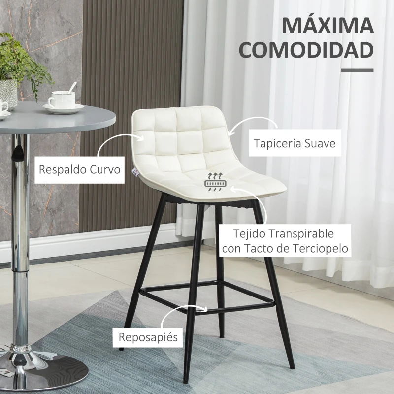 HOMCOM Conjunto de 2 Taburetes Altos de Cocina con Respaldo Carga 120 kg para Bar Salón Comedor Crema