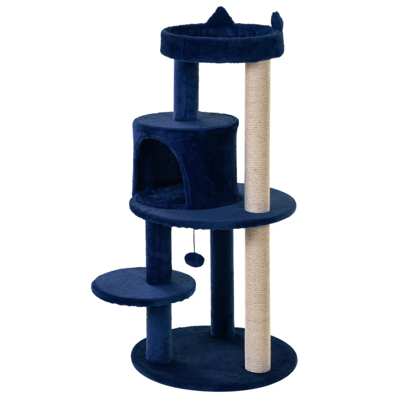 PawHut 104 cm Cat Tree, Cat Condo Tree Tower, Cat Activity Centre with Scratching Posts, Plush Perches, Hanging Ball - Blue