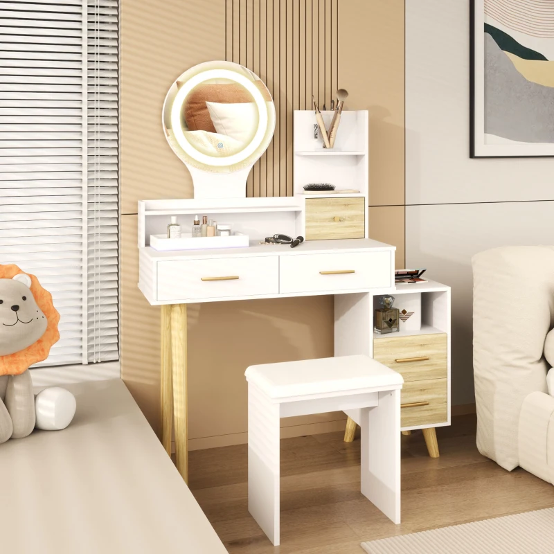 HOMCOM Coiffeuse avec miroir et tabouret table de maquillage luminosité réglable 5 tiroirs 4 compartiments1 étagère blanc