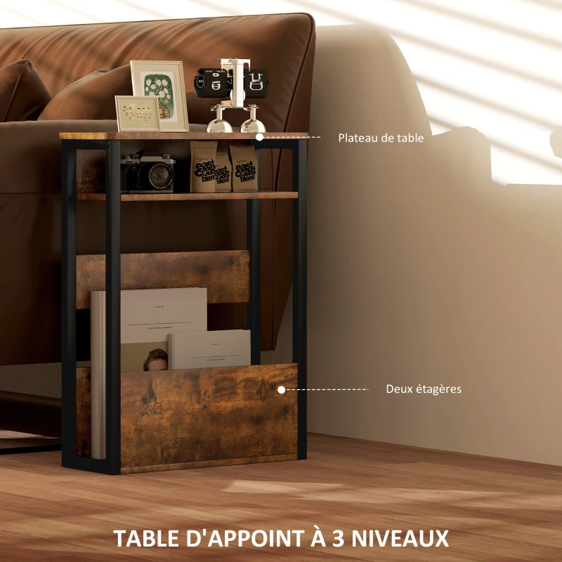HOMCOM Table d'appoint table de chevet avec étagère à deux niveaux coins arrondis 46l x 18P x 58,5H cm brun rustique