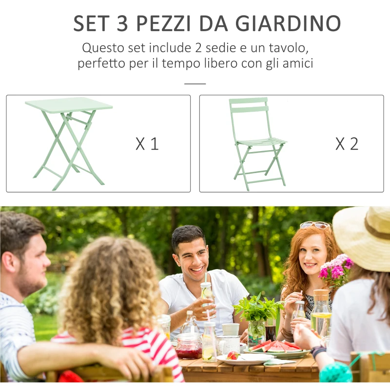 Outsunny Set Tavolo e Sedie da Giardino ed Esterno in Metallo Verde, Set da 3 Pezzi Pieghevole e Salvaspazio