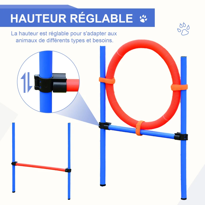 PawHut Agility sport pour chiens équipement complet obstacles et entrainement 11 pièces parcours agility chien avec sac de transport acier rouge et bleu