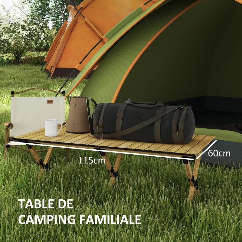 Outsunny Table de camping table de pique-nique table de jardin pliable en aluminium avec plateau enroulable bois naturel