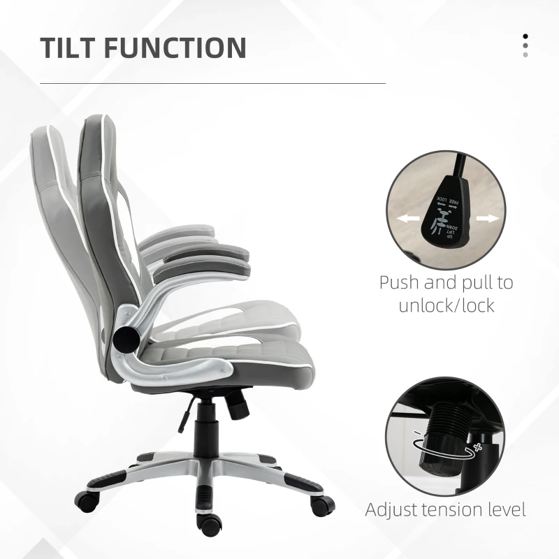 Vinsetto Computer Gaming Chair, Office Desk Swivel Chair, PU Leather Racing Chair with 90° Flip-up Armrest, Adjustable Height and Rolling Wheels, Grey