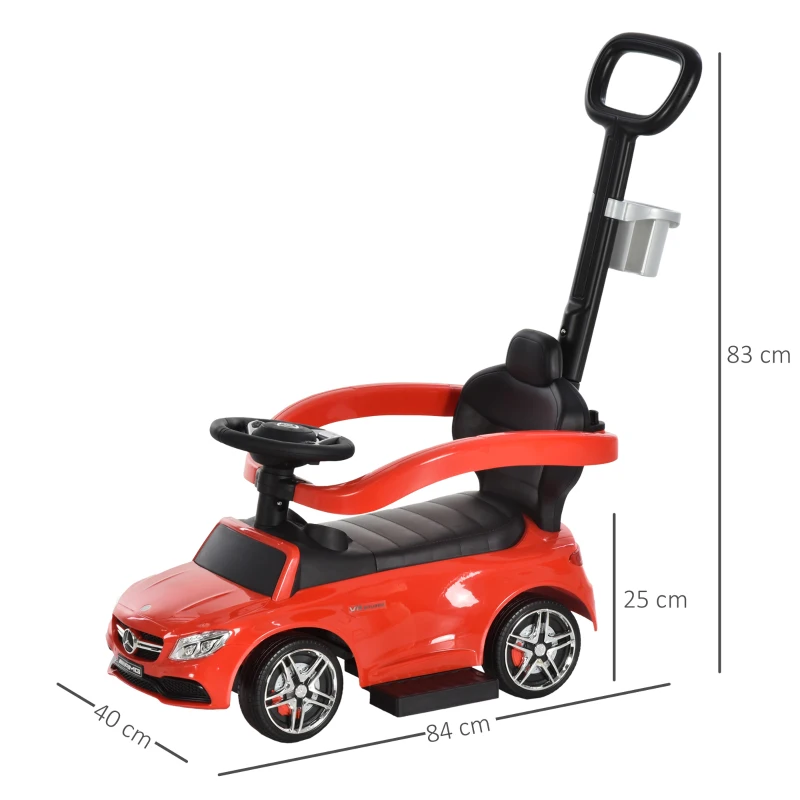 HOMCOM Macchina Cavalcabile per Bambini 12-36 Mesi con Maniglione e Barre di Sicurezza Rimovibili, Licenza Mercedes, Rossa