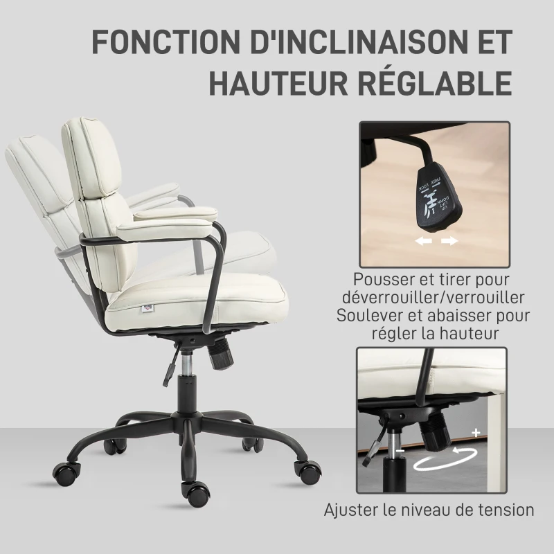 HOMCOM Chaise bureau fauteuil de bureau avec fonction à bascule, hauteur réglable et pivotant 60,5 x 59 x 89-97 cm, crème