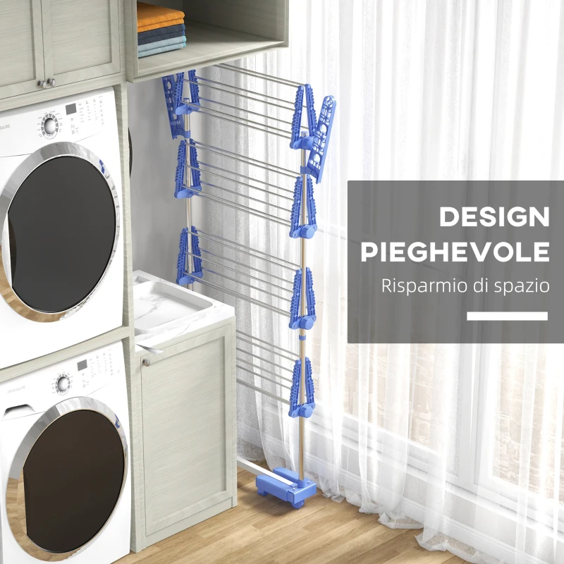 HOMCOM Stendino Verticale con 4 Ripiani Regolabili, in Acciaio e Plastica, 142x55x172 cm, Blu e Argento