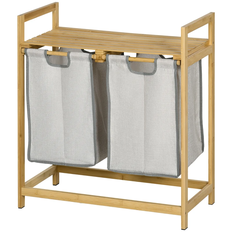 HOMCOM Cesto de la Ropa Sucia de Bambú con 2 Bolsas Extraíbles y Estante Carga 20kg 2x40,6L 64x33x73 cm Natural