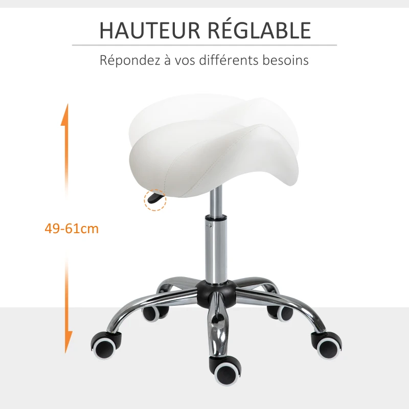 HOMCOM Tabouret à roulettes, tabouret de massage avec hauteur réglable 49-61 cm et selle ergonomique, chaise de travail à roulettes pivotant 360°, pour salon de massage, tatouage, clinique, spa, blanc