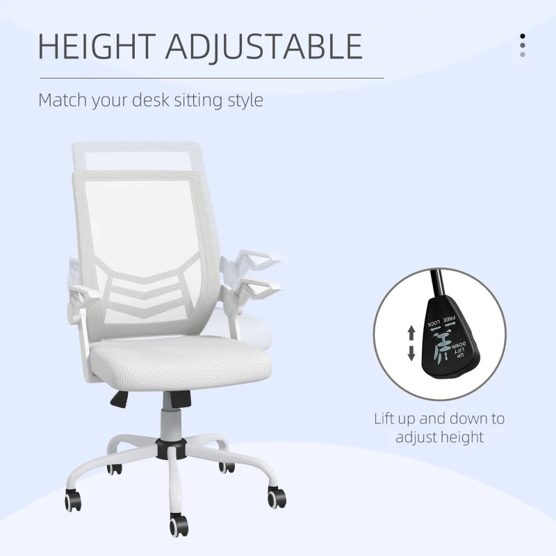 Vinsetto Mesh Office Chair, Computer Desk Chair with Flip-up Armrests, Lumbar Back Support and Swivel Wheels, White