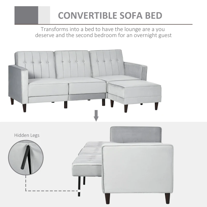 HOMCOM 3 Seater Sofa Bed with Portable Footstool Velvet Corner Sofa Bed, Light Grey