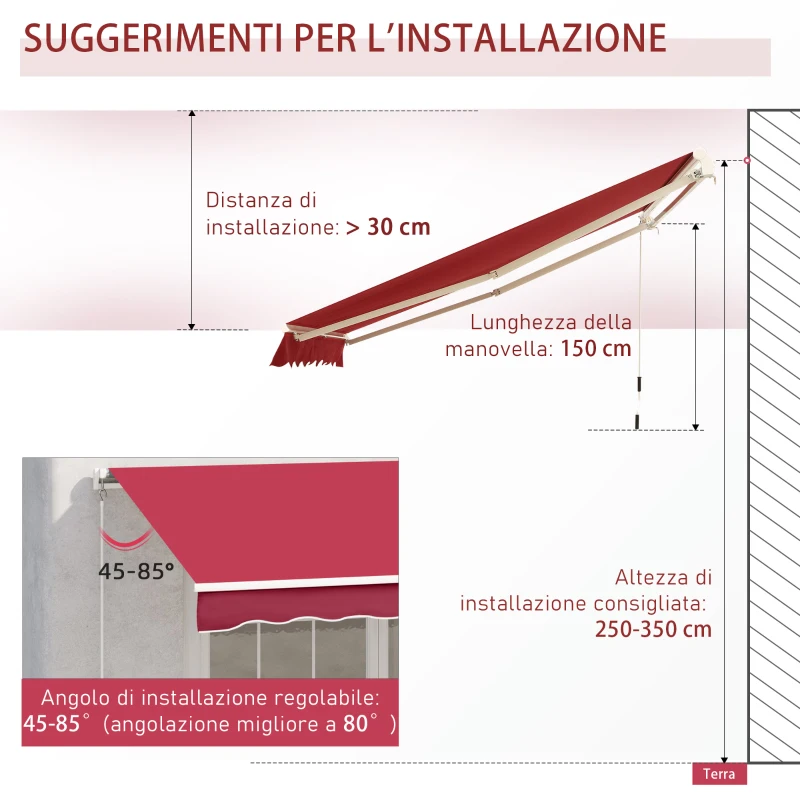 Outsunny Tenda da Sole per Esterno Avvolgibile a Manovella in Metallo e Alluminio, 4x2.5m, Rosso Scuro