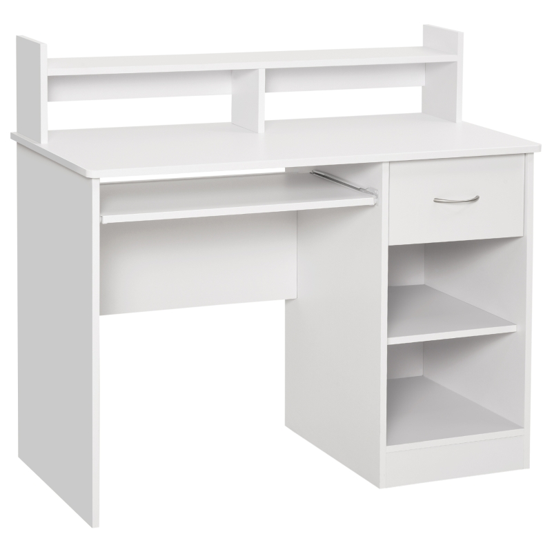 HOMCOM Scrivania per Computer Compatta, Scrivania PC Fisso in Legno Bianco con Ripiano Tastiera Estraibile e Mensole 104x48x95.5cm