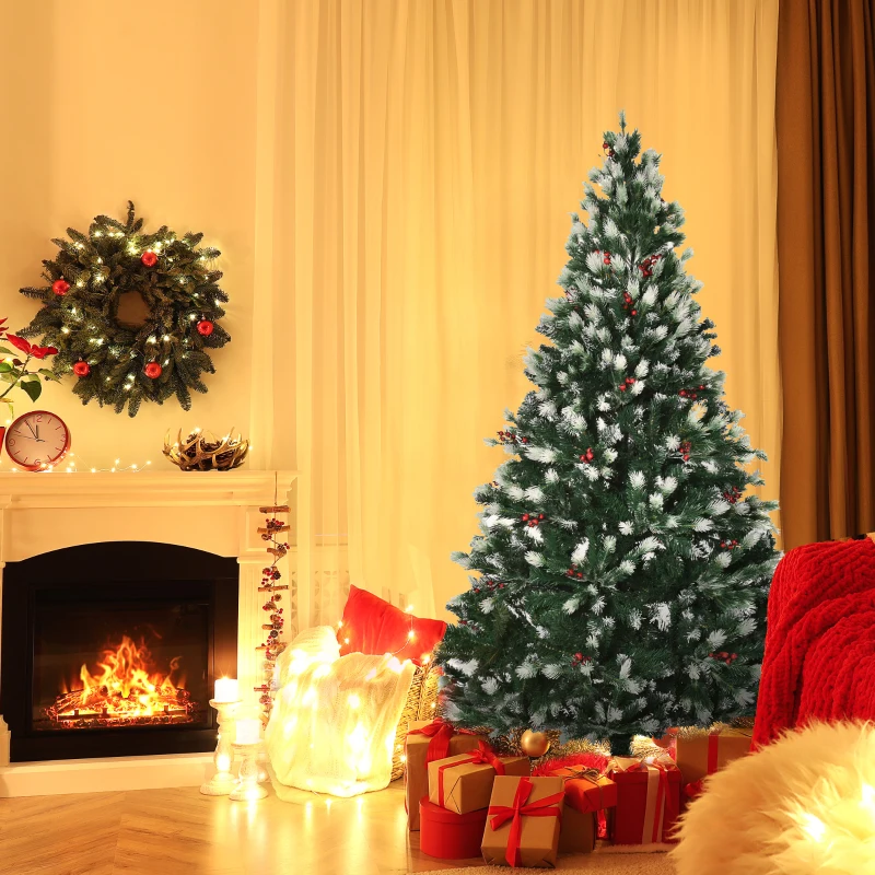 HOMCOM Albero di Natale Innevato 180 cm con Rami Folti, Bacche Rosse, Base Pieghevole e Rimovibile