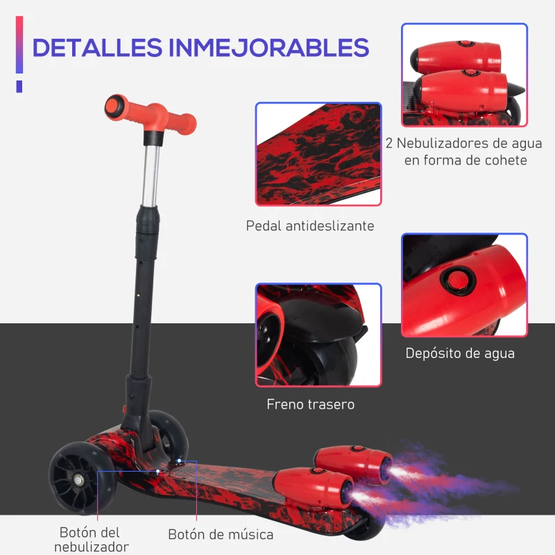 HOMCOM Patinete para Niños Scooter Plegable con Altura Ajustable de 4 Niveles y Música Luces y Nebulizador de Agua +3 Años 62x27x63-81 cm Rojo