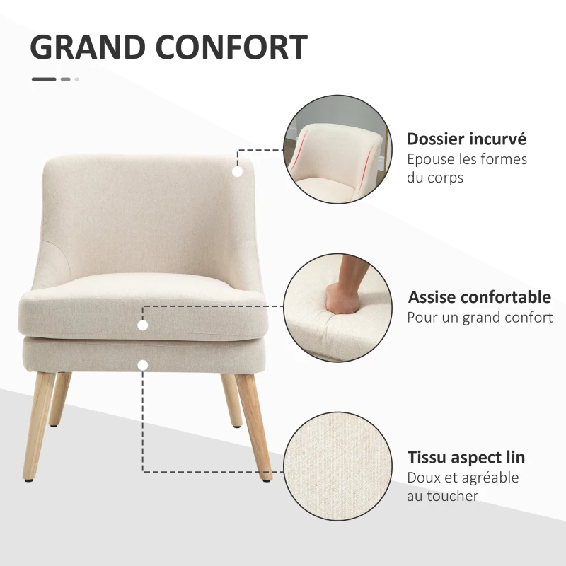HOMCOM Fauteuil Scandinave Fauteuil salon confortable Fauteuil pour chambre Pieds en Bois Massif revêtement Tissu Lin beige