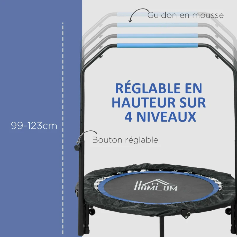 HOMCOM Trampoline de fitness gymnastique avec poignée réglable, pliable, 6 pieds, 28 ressorts Ø 102 cm, noir bleu