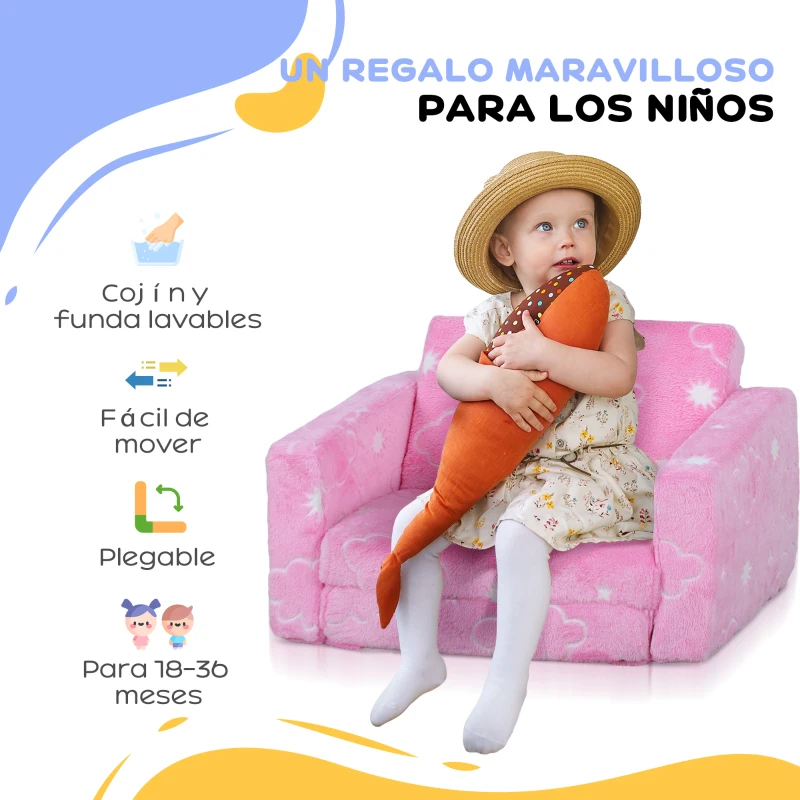 AIYAPLAY Sofá Infantil Plegable 2 en 1 Tapizado de Tela Luminosa con Patrón de Nubes Cojín y Funda Lavables Rosa