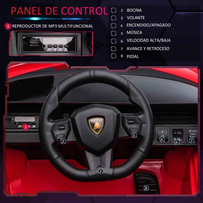 HOMCOM Coche Eléctrico para Niños de +3 Años Lamborghini SIAN Coche de Batería 12V con Mando a Distancia Apertura de Puerta Música MP3 USB y Faros 3-5 km/h 108x62x40 cm Rojo(m-5)