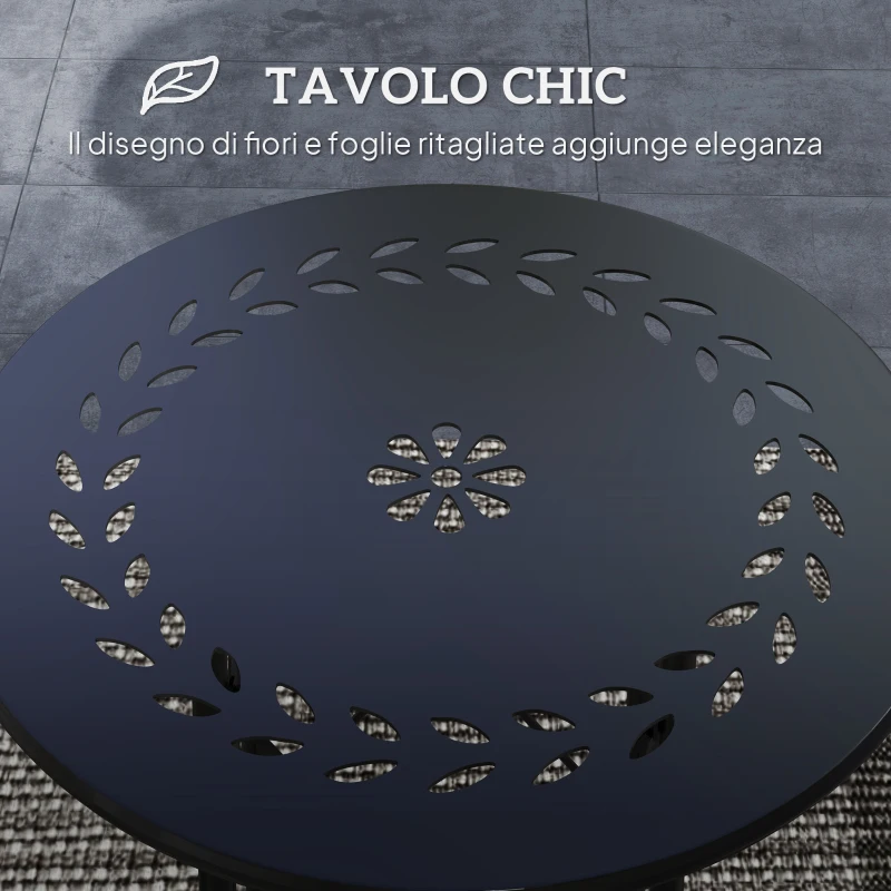 Outsunny Tavolino da Giardino con Intagli a Fiori e Foglie, Tavolo da Esterno e Interno, Ø40x50 cm, Nero