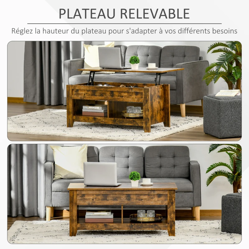 HOMCOM Table basse plateau relevable, table de salon avec étagères et compartiment caché,105 x 50 x 49-62,5 cm pour salon, chambre, brun rustique