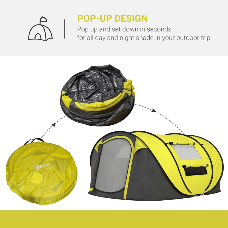 Outsunny 4 Person Pop-up Camping Tent Family Tent with Ground Sheet, 4 Windows and Portable Carry Bag for Beach Outdoor Trip, Yellow