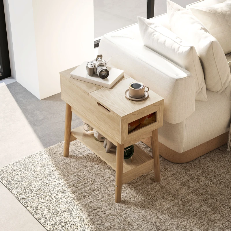 HOMCOM Table d'appoint table basse table de chevet étroite avec plateau rabattable et étagère ouverte grain de bois de chêne
