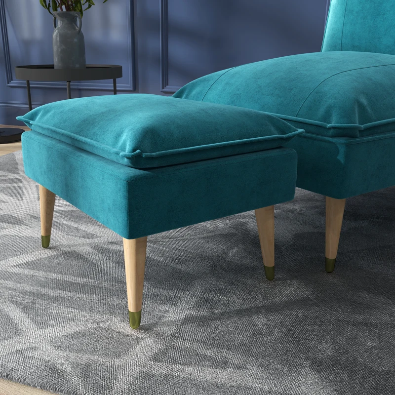 HOMCOM Fauteuil de relaxation avec repose-pieds fauteuil relax de salon pieds en bois d'hévéa revêtement aspect velours bleu