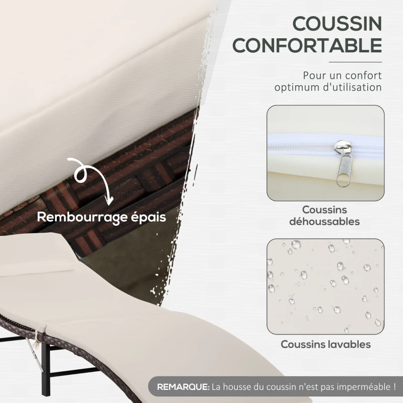 Outsunny Lot de 2 transats bains de soleil pliables grand confort : matelas, têtière + table basse résine tressée chocolat