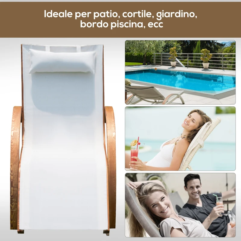 Outsunny Sdraio da Giardino Ergonomica con Poggiatesta Imbottito Legno Tessuto 161 x 72 x 68 cm Crema