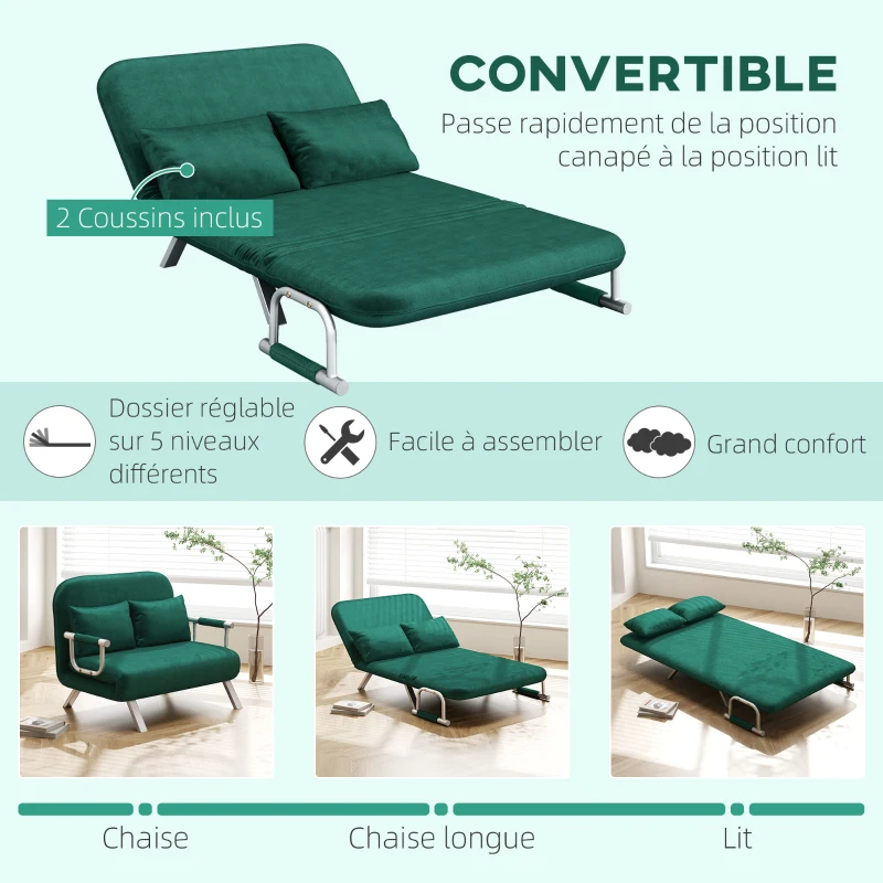 HOMCOM Canapé convertible 2 places canapé-lit 2 places avec dossier réglable et 2 coussins en revêtement aspect suède vert
