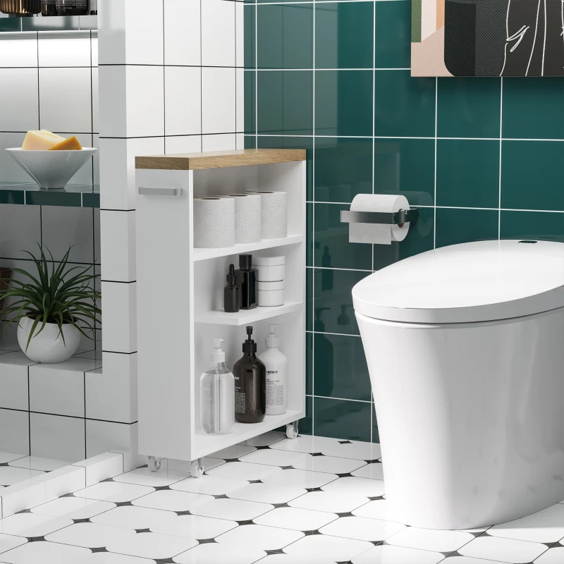kleankin Carrello Portaoggetti per il Bagno Stretto 13cm, Cassettiera con Mensole e 4 Ruote in Legno Bianco 50x13x67.5cm