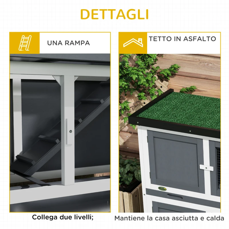 PawHut Conigliera a 2 Livelli in Lego di Abete e Bitume con Rampa, 2 Vassoi Estraibili 4 Porte, 97x44x91 cm, Grigio