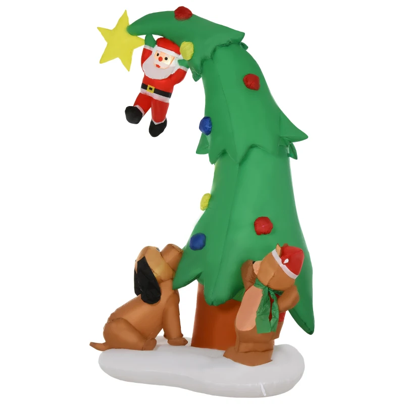 HOMCOM Albero di Natale Gonfiabile con 11 Luci a LED, Babbo Natale Cagnolino e Orso, 223 cm, Impermeabile IP44