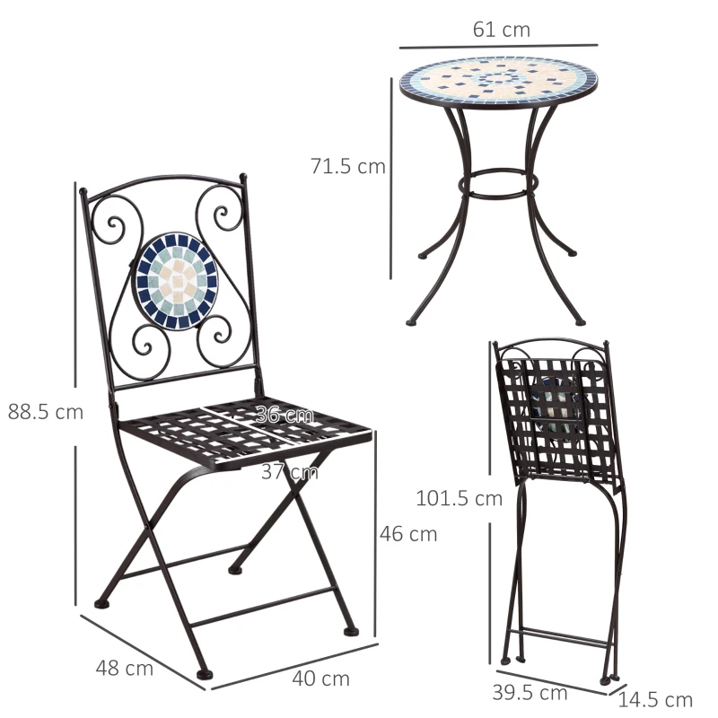 Outsunny Mobili da Giardino Set 3 Pezzi con 2 Sedie Pieghevoli e 1 Tavolino Rotondo, in Metallo e Ceramica