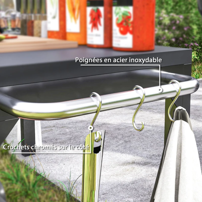 HOMCOM Desserte de jardin en acier chariot de service à roulettes avec plan de travail 135 x 55 x 86,5 cm noir