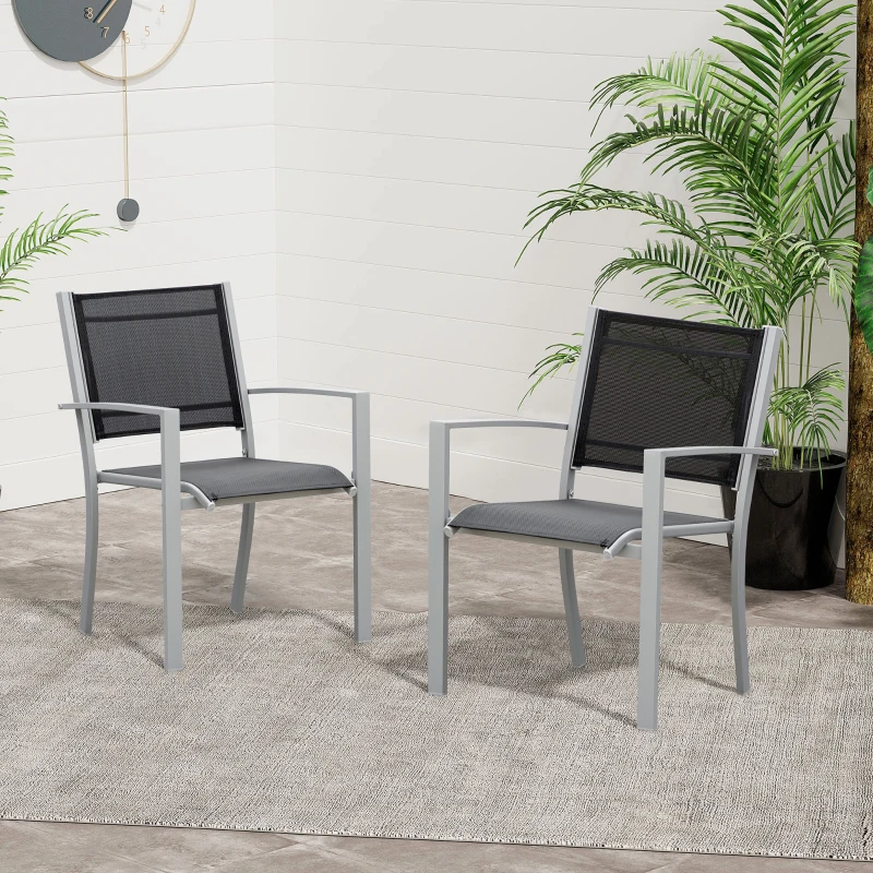 Outsunny Garden Chairs Set Of 2 Outdoor Chairs with Steel Frame Texteline Seats for Dining Patio Balcony Grey and Black