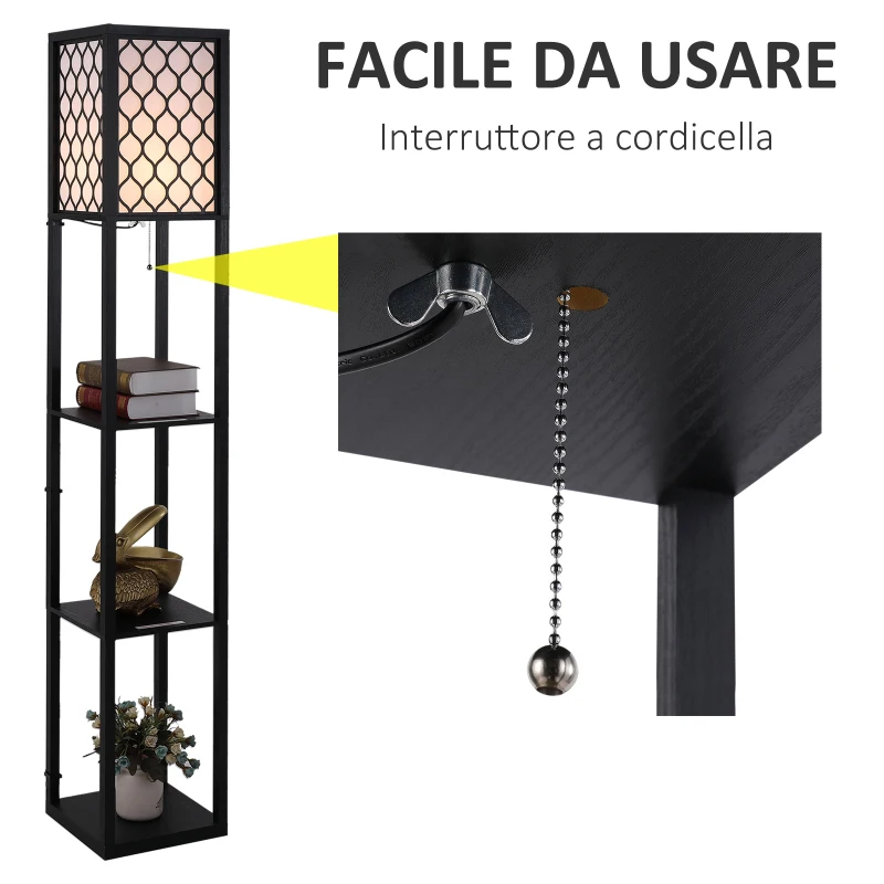 HOMCOM Lampada Lampadina da Terra Salvaspazio con Ripiani Durevole Cotone, MDF 26 x 26 x 160 cm Nero, bianco