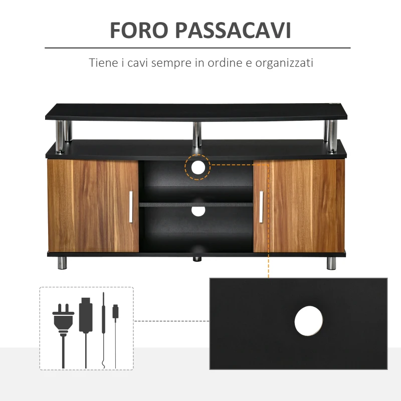 HOMCOM Mobile TV Moderno con 2 Ripiani, Fori Passacavi e 2 Armadietti in MDF 105x40x55cm - Nero e Marrone