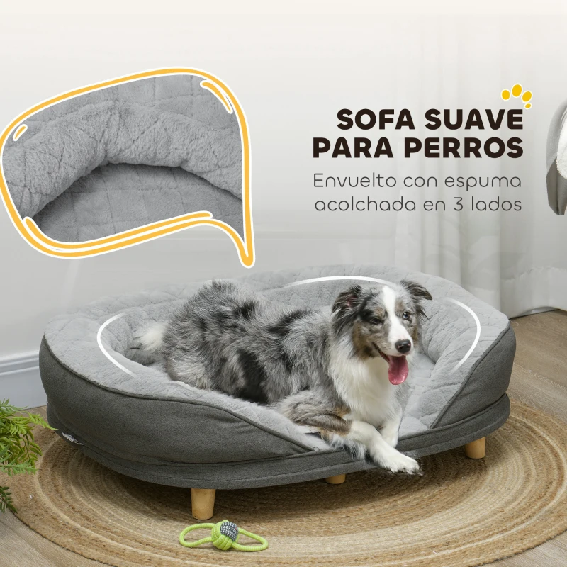 PawHut Sofá para Mascotas con Parte Superior Desmontable Funda Lavable y Patas de Madera Carga 25 kg 90x78x25 cm Gris