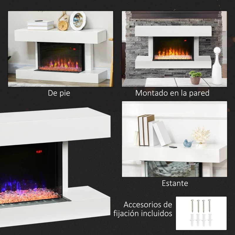 HOMCOM Chimenea Eléctrica 1000W/2000W con Temperatura Ajustable Silencioso Temporizador 15-25 m² 98x27x54,5 cm Blanco