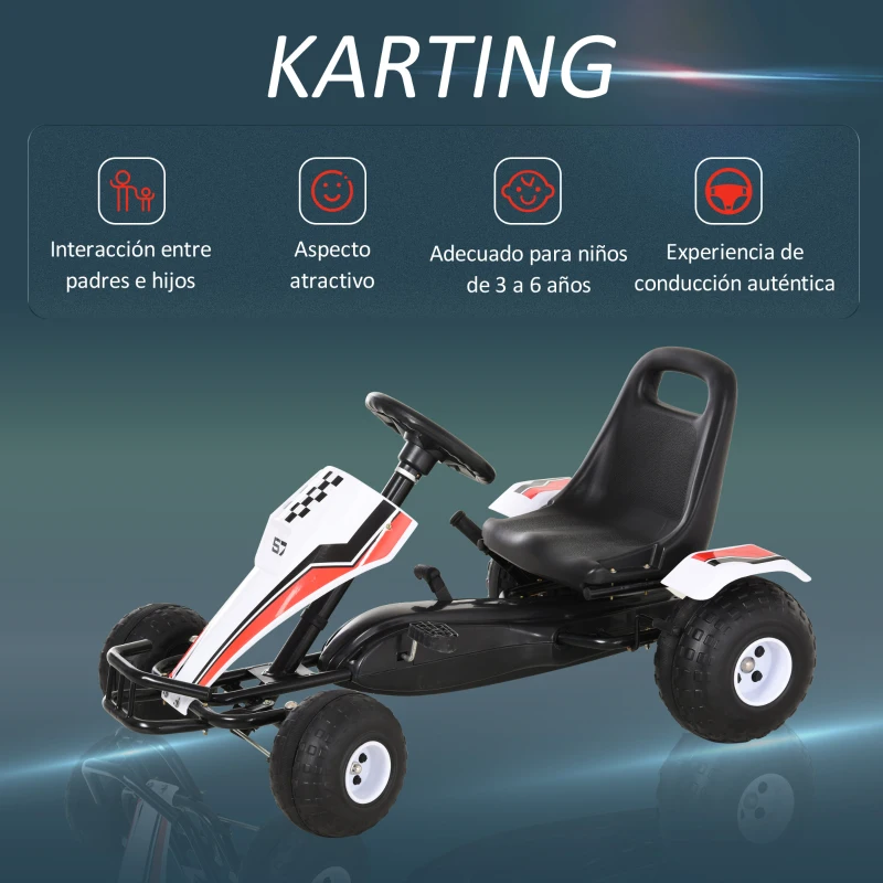 HOMCOM Go Kart a Pedales para Niños de +3 Años Coche de Pedales Infantil con Asiento Ajustable y Freno de Mano 104x66x57 cm Blanco y Negro