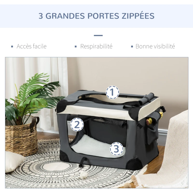 PawHut Sac de transport pliable - poignée, 3 entrées zippées, poche - coussin amovible - acier oxford polyester gris noir