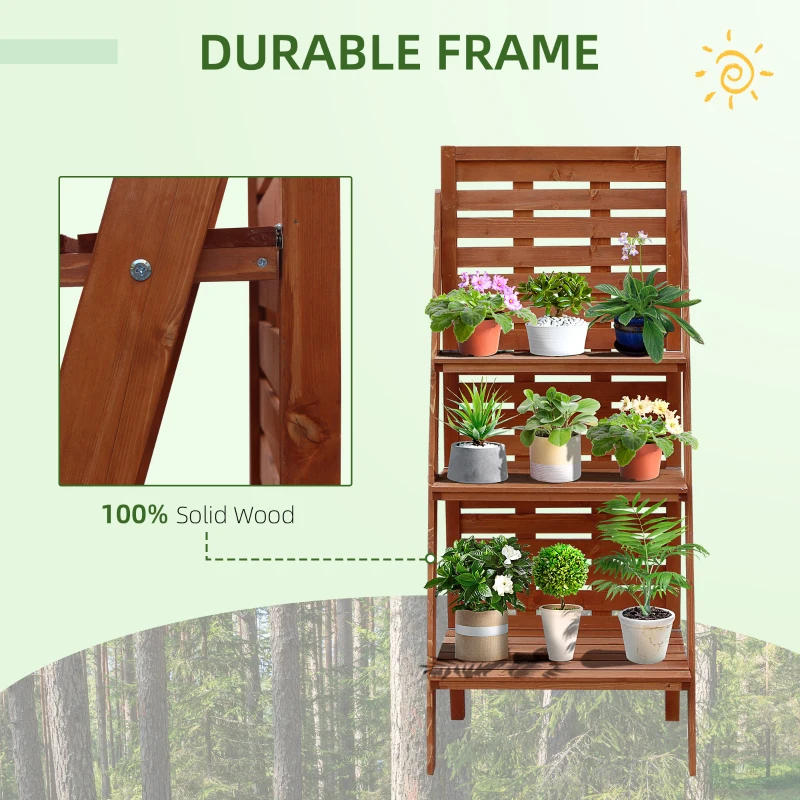 Outsunny Three-Tier Plant Stand, Wood Ladder Shelf for Flower Pot Display, Outdoor Indoor Organiser
