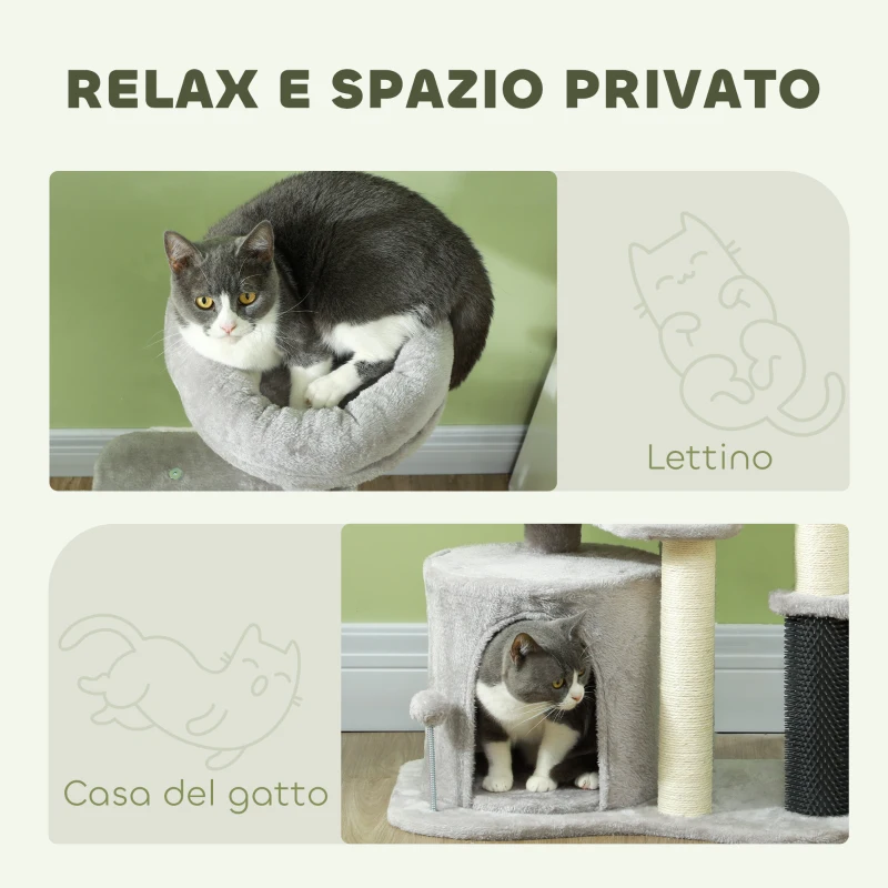 PawHut Albero per Gatti con Casetta, Lettino e Palline, in Truciolato, Sisal e Peluche, 60x39x87 cm, Grigio Chiaro e Crema