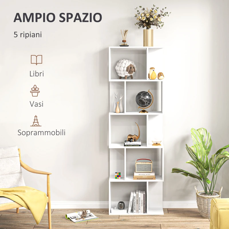 HOMCOM Mobile Libreria in Legno a 5 Ripiani con Divisorio, 60x24x184.5 cm, Bianco